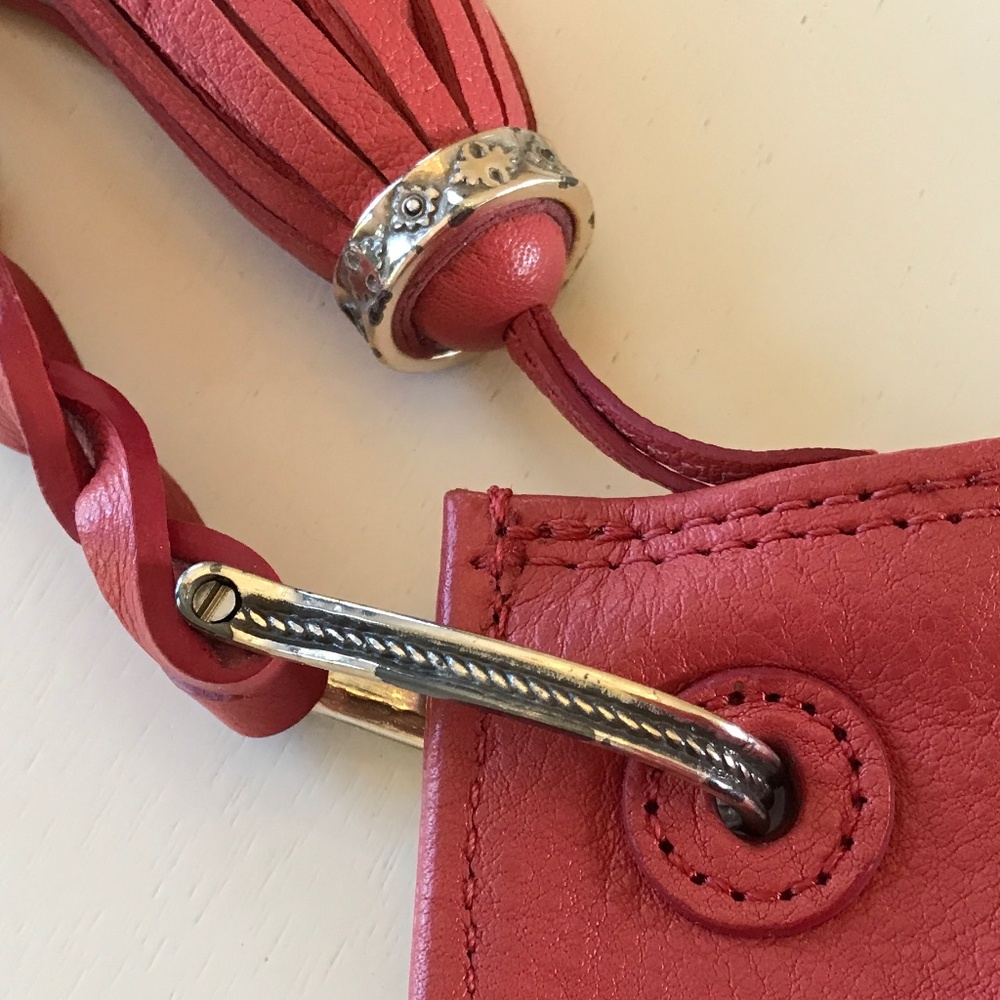BRIGHTON RED LEATHER EMBOSSED BUTTERFLIES BOHO-CHIC STATEMENT BAG - Picture 14 of 16